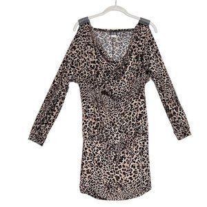 Dots Slit Sleeve Leopard Print Rhinestone Drape Mini Dress in Brown/Black - Sz L